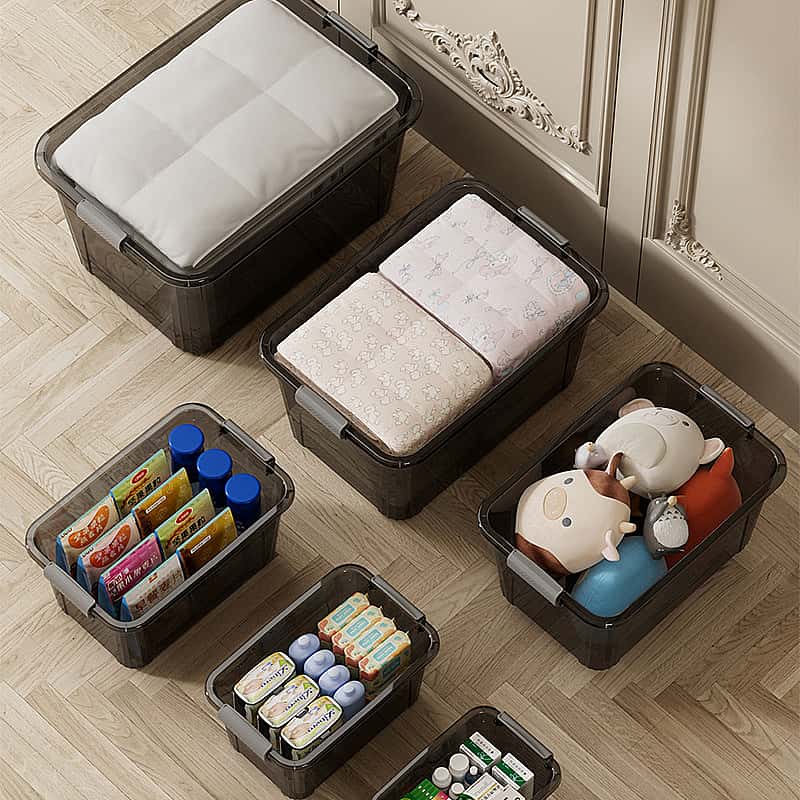 Stackable Storage Box with Lid, Transparent Under Bed Organizer, Durable Plastic Space Saving Clothes & Blanket Holder, No Assembly Needed