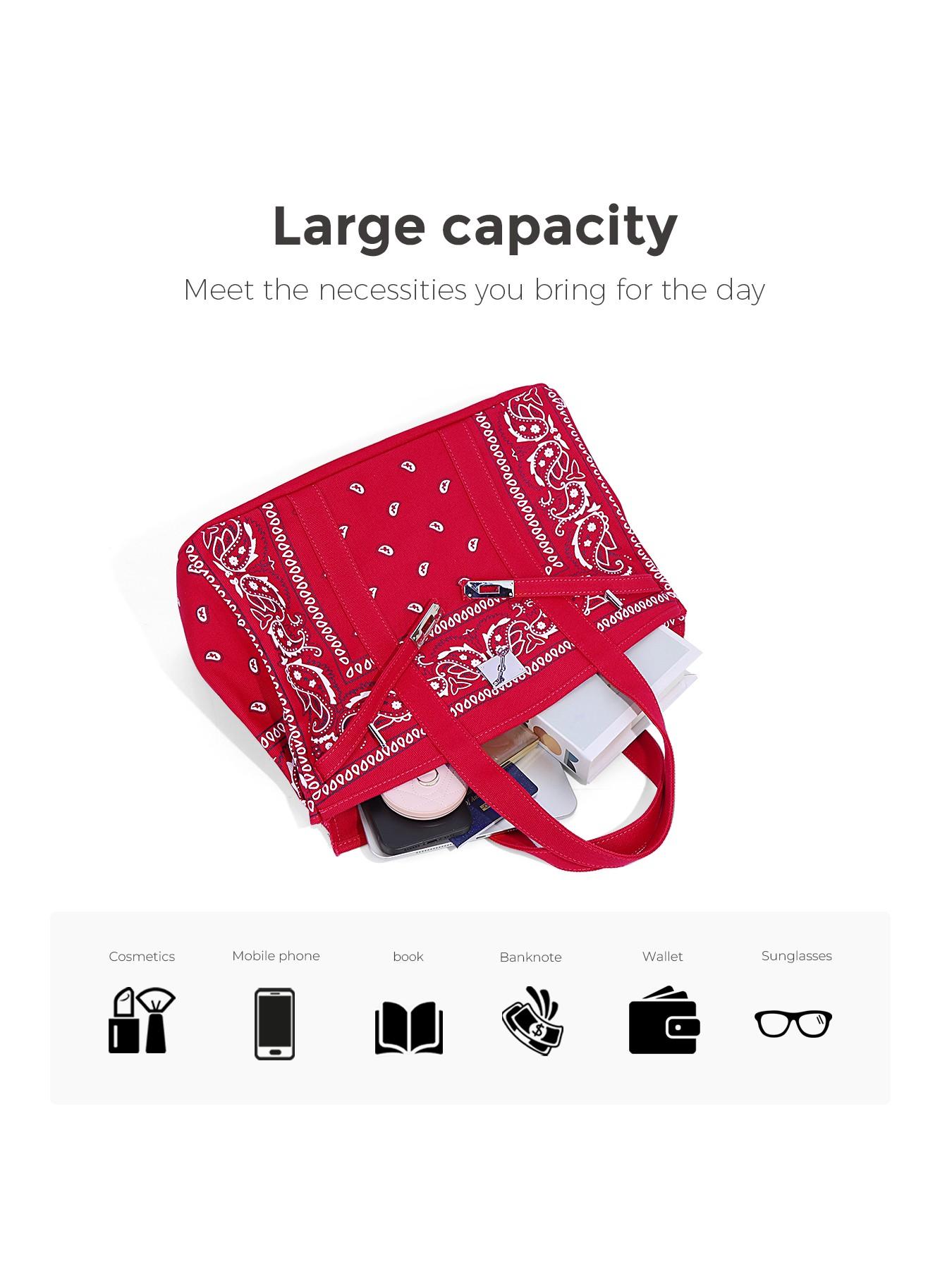 Women's Paisley Print Large Capacity Tote Bag, Vintage Bandana Style Top Handle Handbag, Casual Shoulder Bag with Metal Hardware for Work, Shopping & Travel