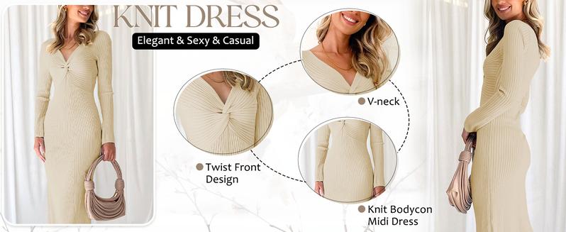 Wenrine Women's Ribbed Knit Dress Long Sleeve V Neck Casual Sweater Bodycon Dress Soft Elastic Comfortable Slim Fit Midi Dress for Spring Autumn Winter