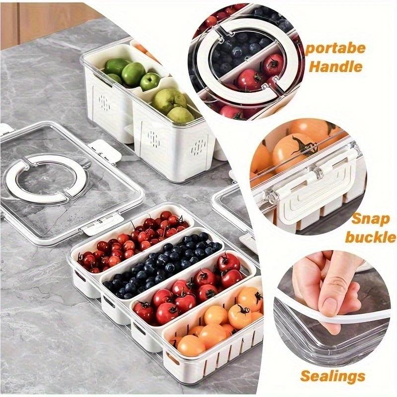 4-Compartment Food Storage Box, Food-Grade Sealed Organizer, Refrigerator Storage, Fridge Storage Container, Portable Picnic Container, Fruit Snack Spice Keeper