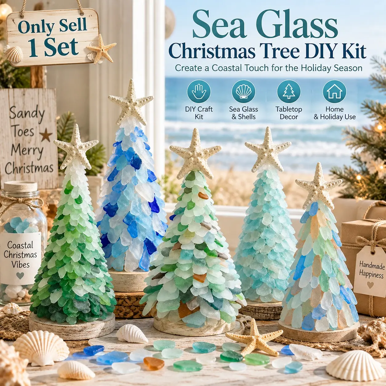 1 Set Sea Glass Christmas Tree DIY Kit, Coastal Style Craft Kit with Sea Glass, Shell and Pearl Accents, Handmade Tabletop Holiday Decor for Adults, Beginners, Home, Office and Christmas Gatherings