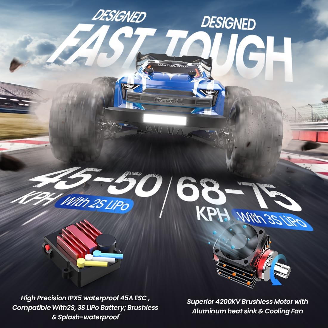 DEERC H16E Brushless Extreme High Speed RC Truck, Max 70kph, 1:16 4X4 RTR Fast RC Cars, All Terrains RC Monster Truck, Off Road Hobby Electric Vehicle Gift, 2 Li-po Batteries