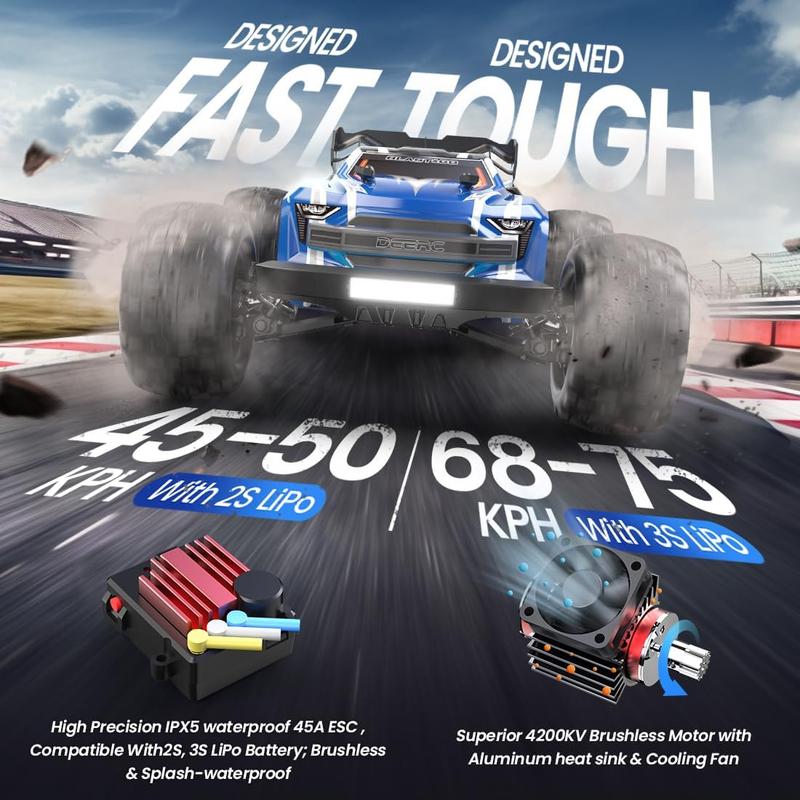 DEERC H16E Brushless Extreme High Speed RC Truck, Max 70kph, 1:16 4X4 RTR Fast RC Cars, All Terrains RC Monster Truck, Off Road Hobby Electric Vehicle Gift, 2 Li-po Batteries