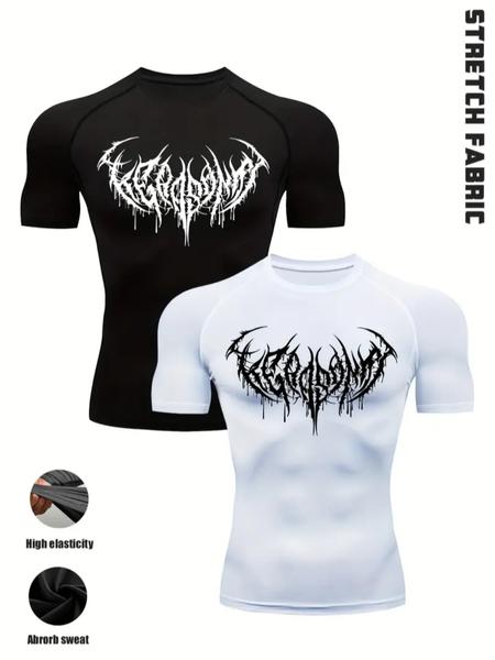 Men’s 2 Pack Gothic Workout T-Shirts, Cool Print Design, Stretch Fit Compression Shirts for Intense Training, Polyester Blend, Black White Set, Ideal for Gym, Strength Training, Streetwear & Casual Wear