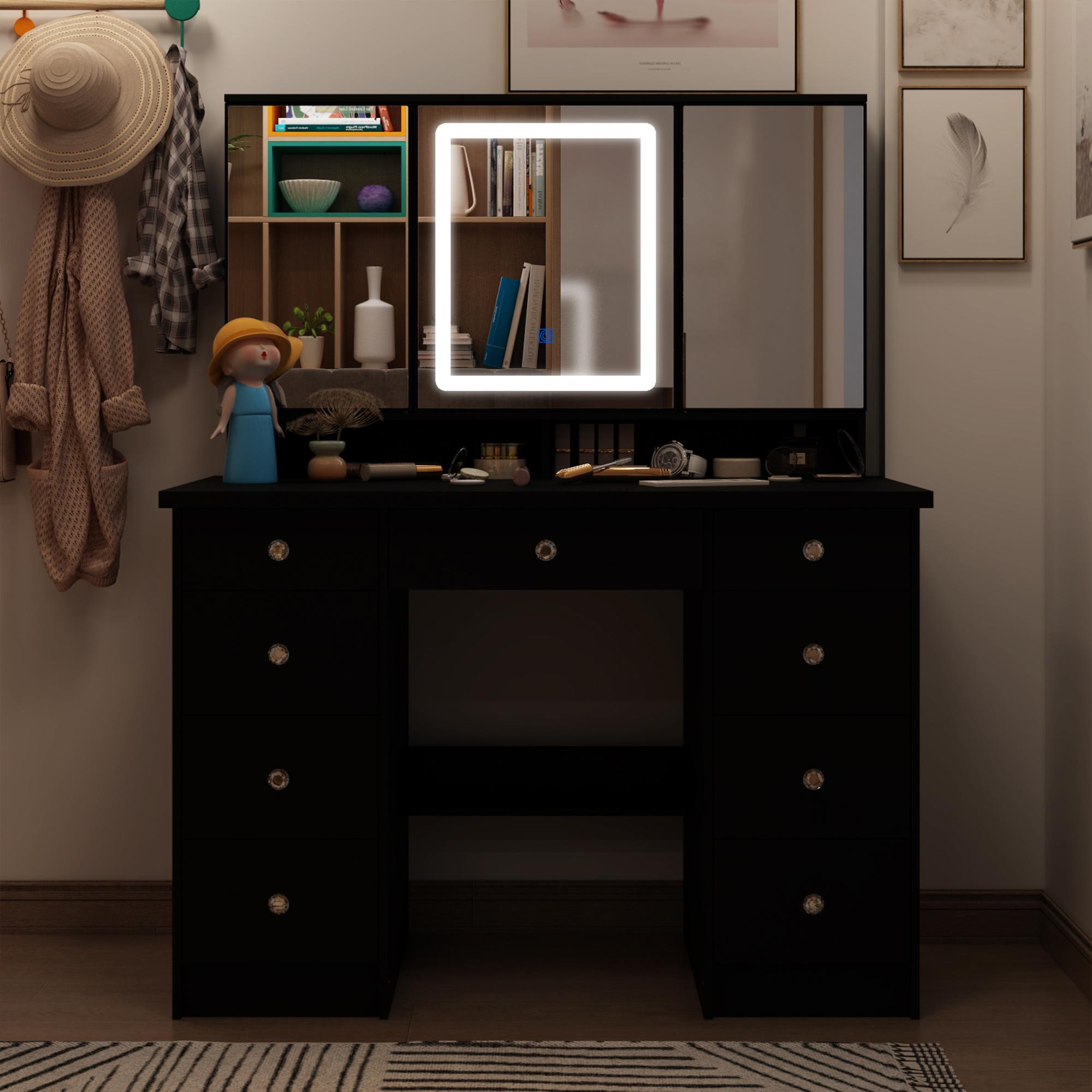 FUFUGAGA-43.3"W Vanity Desk With 9 Drawers, Makeup Desk With 3-Mirror And Touch Screen Light, Dressing Makeup Table For Bedroom