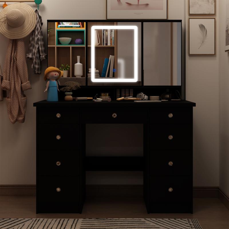 FUFUGAGA-43.3"W Vanity Desk With 9 Drawers, Makeup Desk With 3-Mirror And Touch Screen Light, Dressing Makeup Table For Bedroom