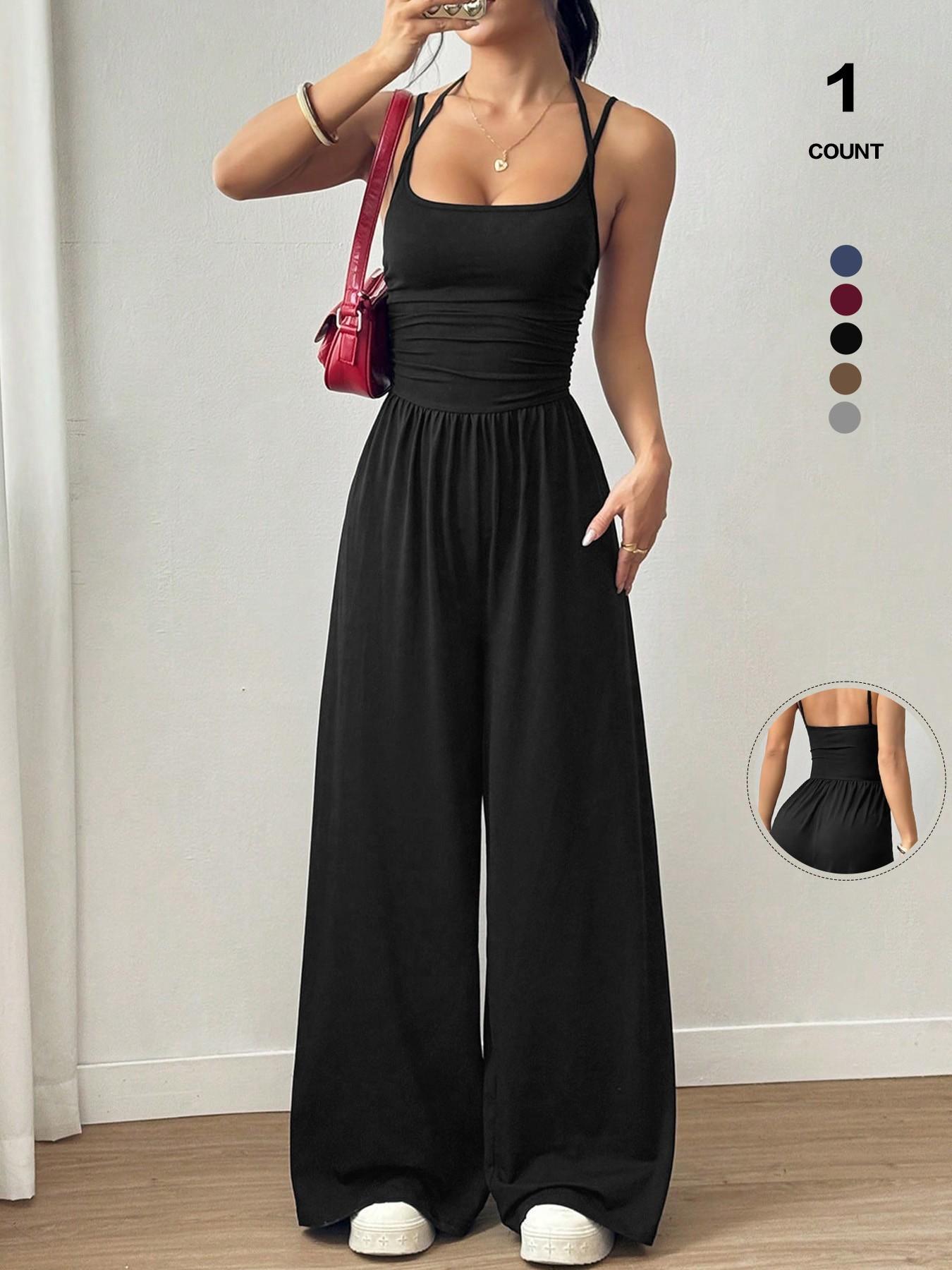 Women's Sexy Backless Jumpsuit, Spaghetti Strap Design, Smocked Bodice, Elegant One-Piece Romper, Ideal for Party Wear