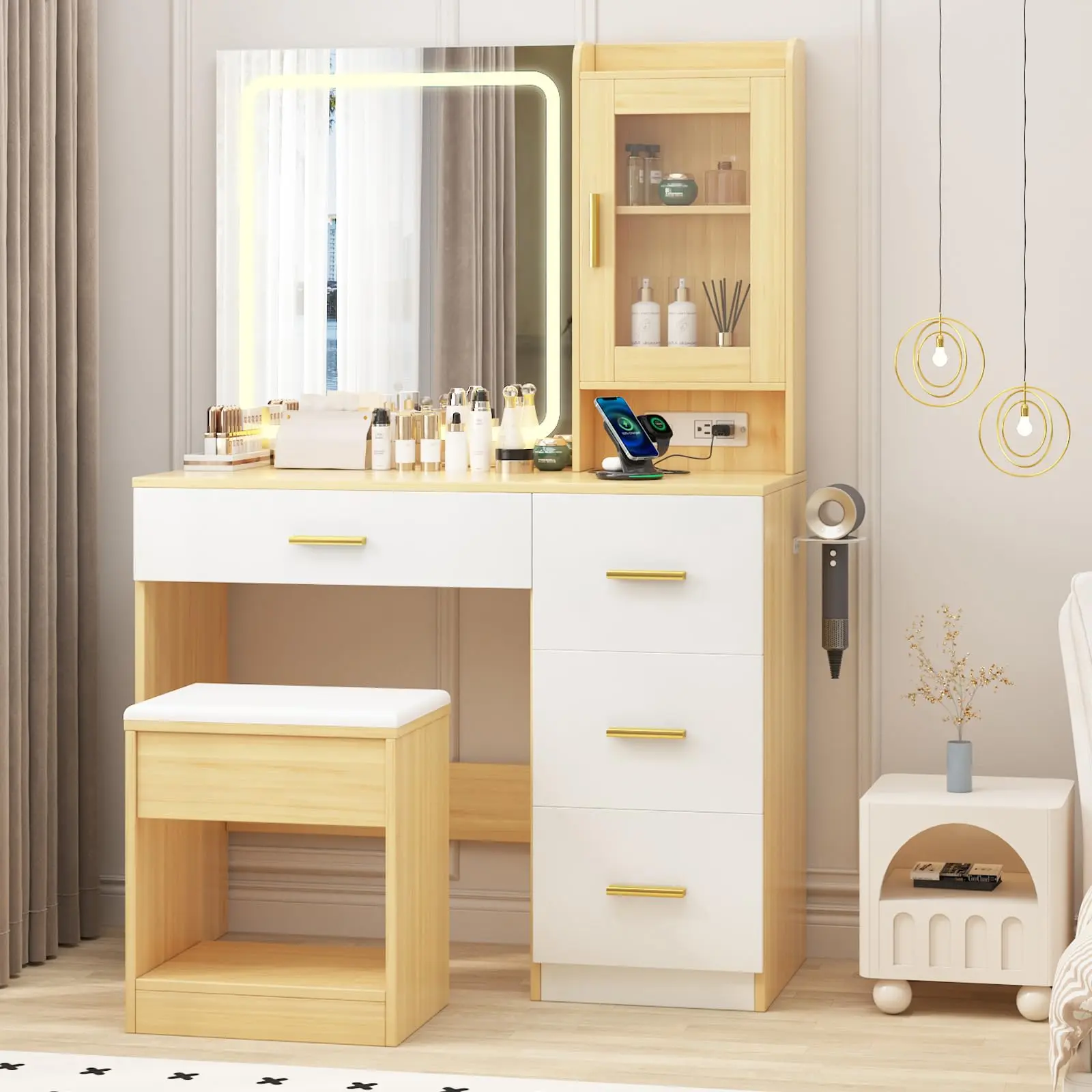 Modern Black Vanity Desk with Mirror and LED Lights – 3-Color Adjustable Lighting, 4 Drawers, Built-In Outlets, Hair Dryer Holder, Storage Stool – Bedroom Makeup Dressing Table, 37x15.75x55.12 Inch