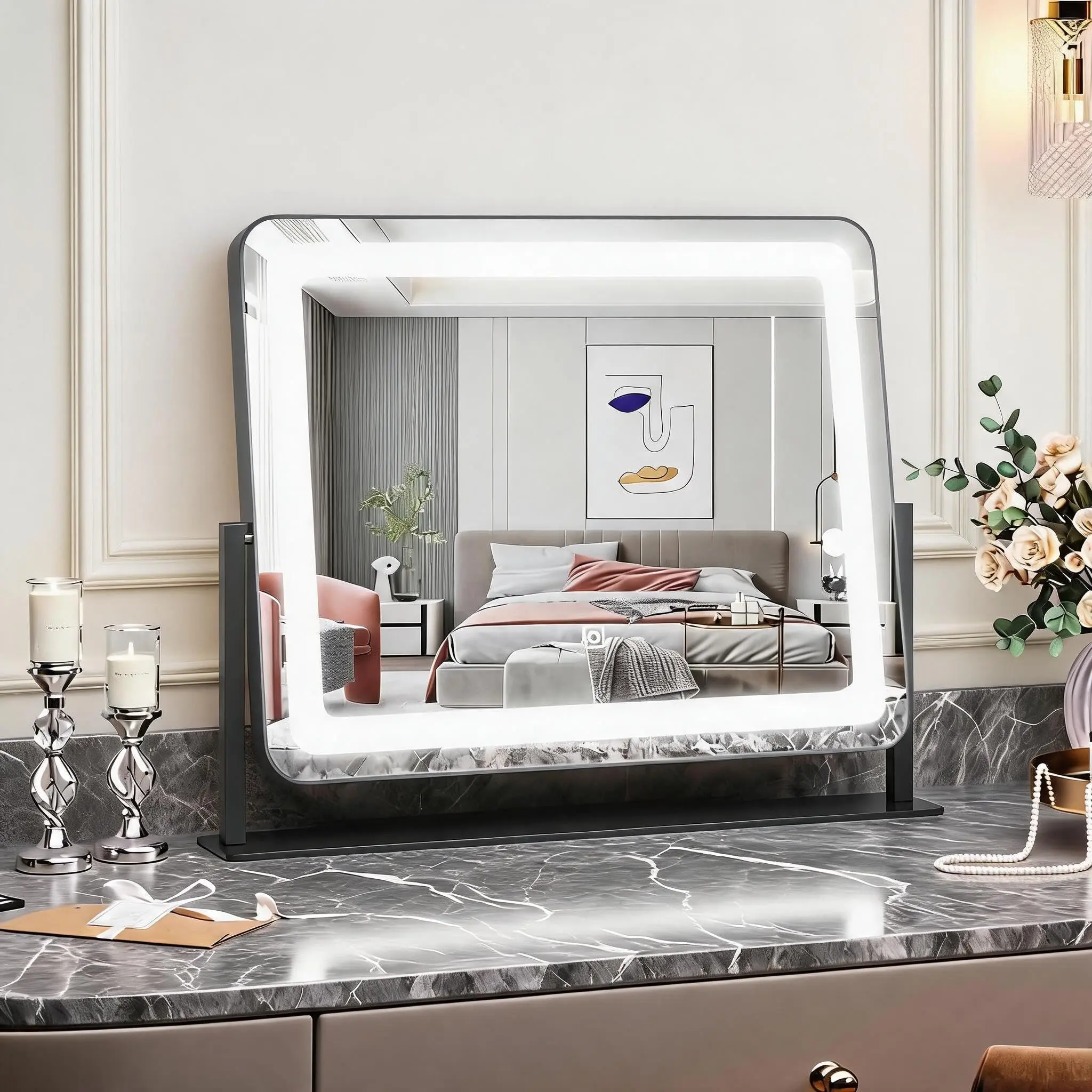 GARVEE Vanity Mirror with Lights, 19.6 in x15.7 in LED Makeup Mirror, Large Lighted Mirror with 3-Color Dimmable Touch Screen, 360° Rotation, Desk Mirror for Bedroom, Dressing Table, Tabletop, Black