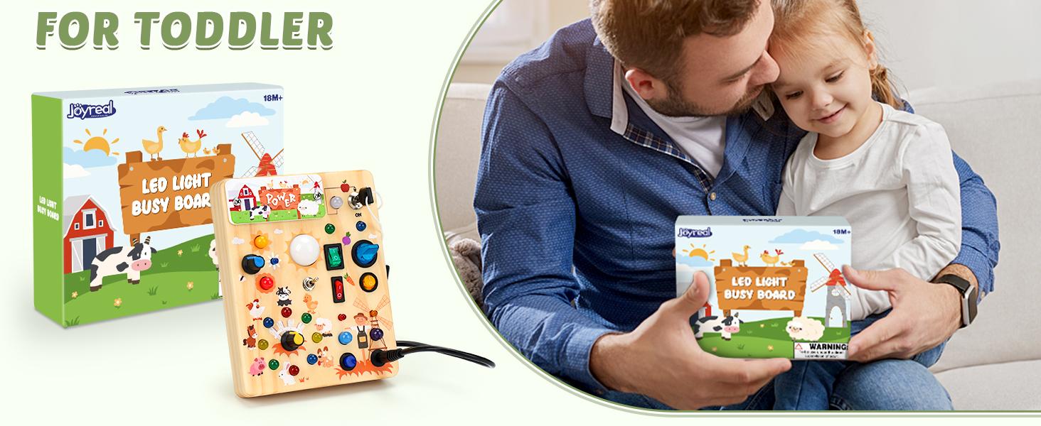 Joyreal Montessori Sensory Toys, Square-Shaped Wooden Busy Board with LED Light Up Switches,  Portable Learning Kids Toys,Christmas Gifts Ideas