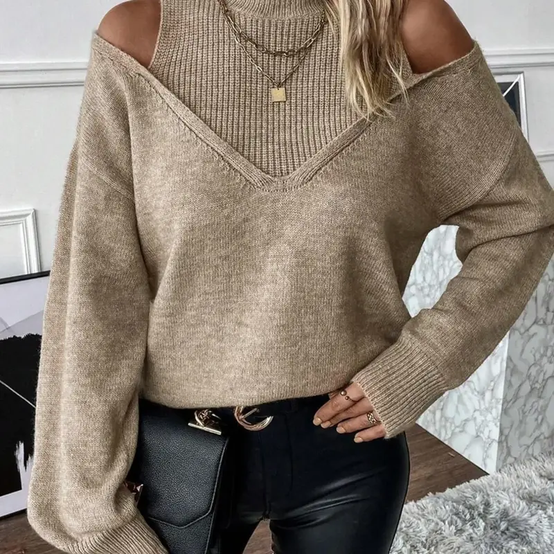 Women's Plain Fitted Cut Out High Neck Turtleneck Sweater, Casual Drop Shoulder Long Sleeve Jumper for Fall & Winter, Fashion Ladies' Knitwear for Daily Wear, Womenswear, Lightweight Knit Sweater