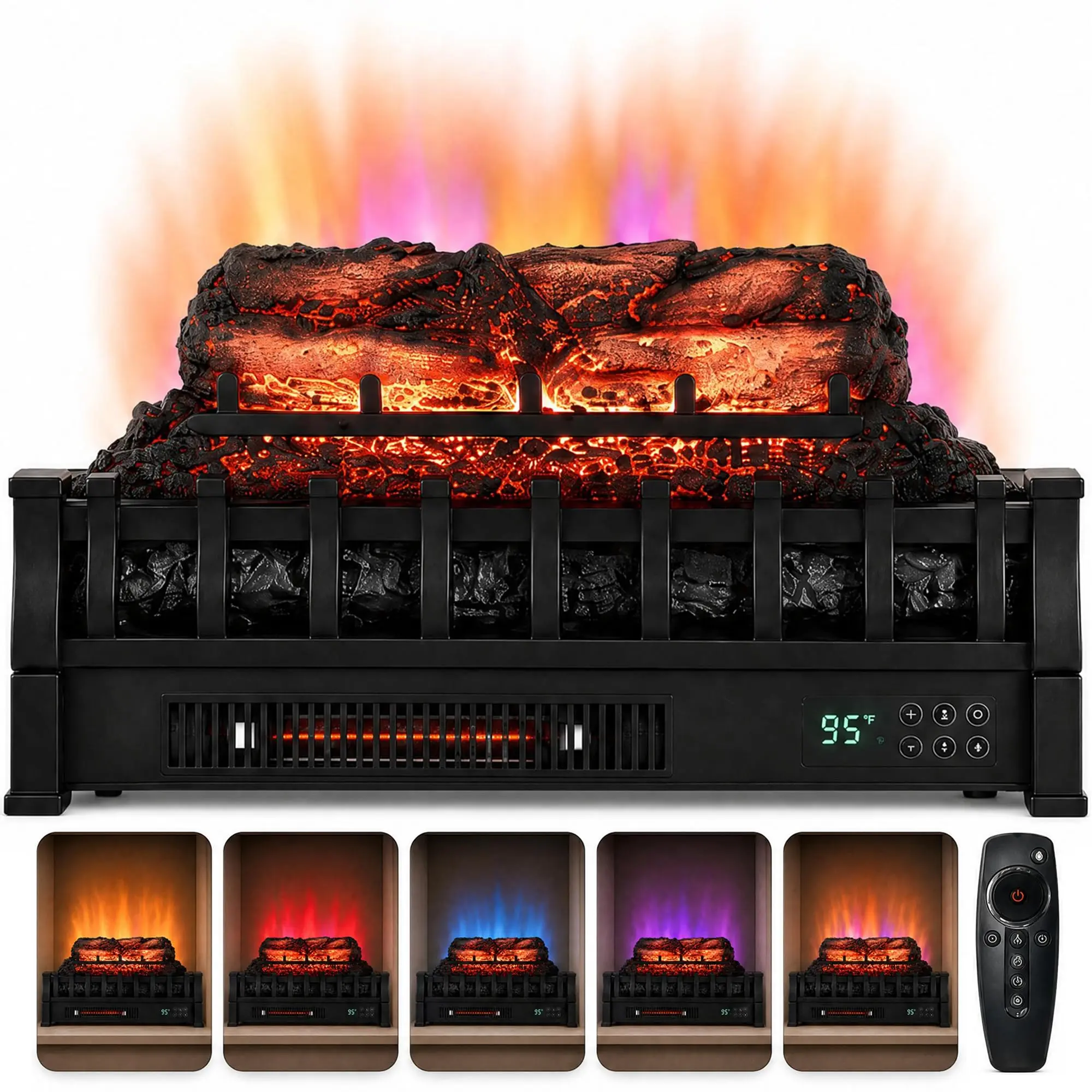 Gaomon 23 Inch Electric Fireplace Insert Log Heater, Freestanding with Remote Control, 5 Flame Effects & Brightness Levels, 1500W Infrared, Overheat Protection