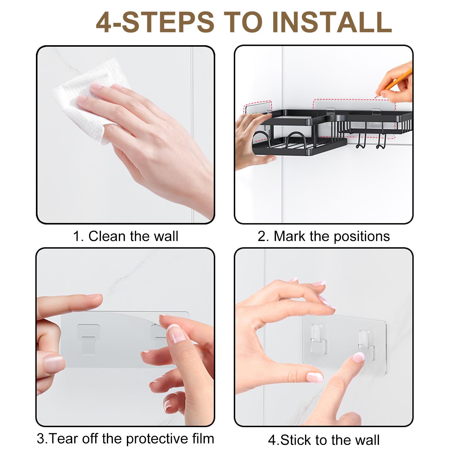 PHANCIR 5 PCS Corner Shower Caddy, No Drilling Stainless Steel Shower Storage Rack with Hooks & Toothpaste Holder for Bathroom, Black