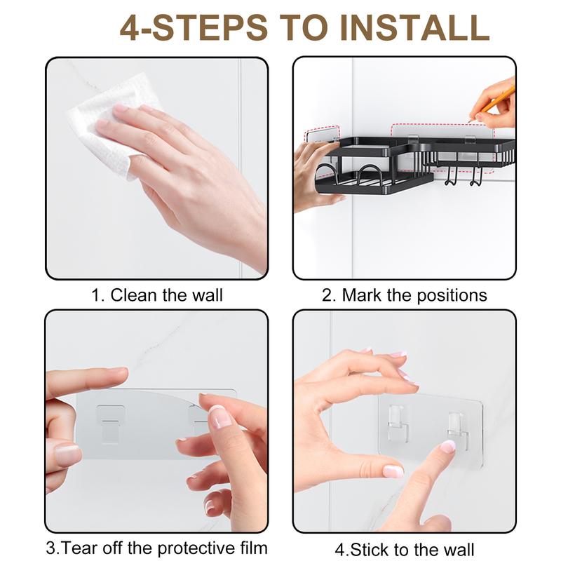 PHANCIR 5 PCS Corner Shower Caddy, No Drilling Stainless Steel Shower Storage Rack with Hooks & Toothpaste Holder for Bathroom, Black