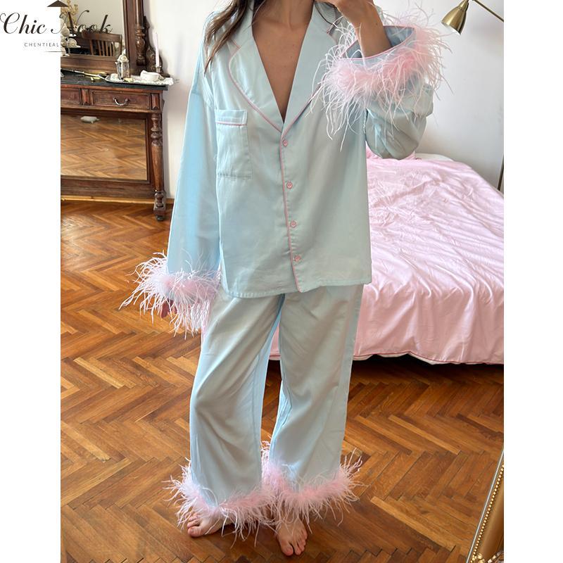 Feather Pajamas for Women Long Sleeves Button Down Shirt Lounge Pants Set Satin Silky Bridal Pjs