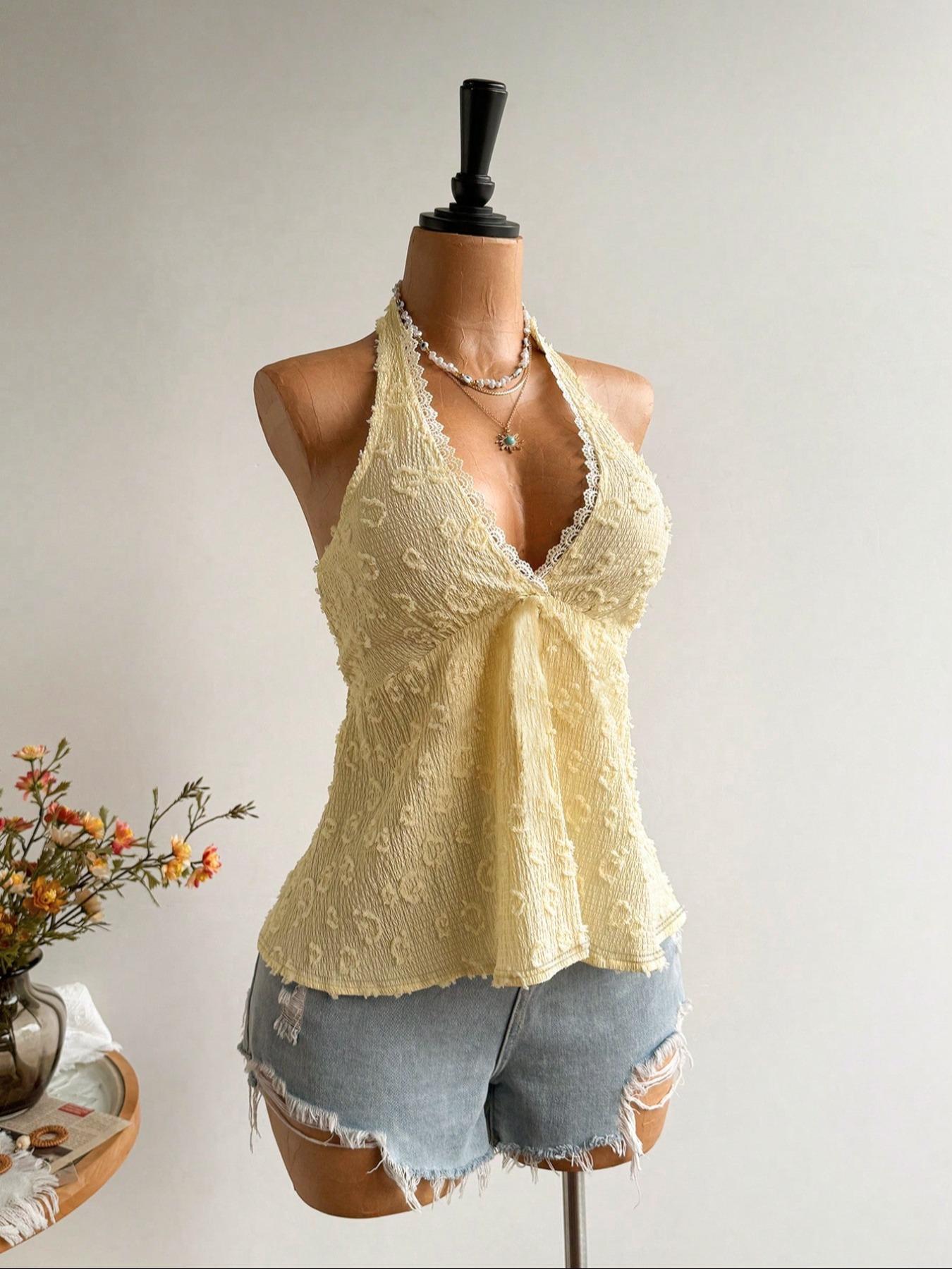 Women's Fashion Comfortable Casual Fitted Lace Patchwork Tie-Back Halter Tank Top Vest, Stylish Backless Design, Perfect for Daily Wear