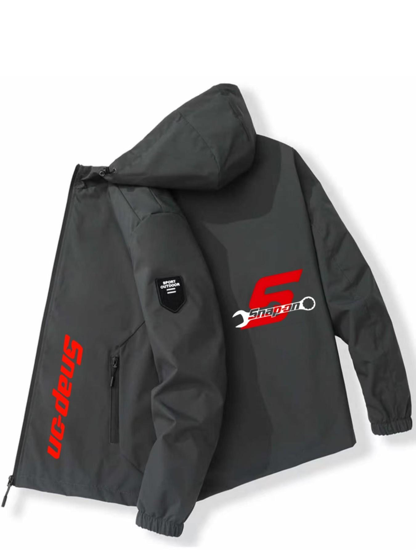 Daily Street Essential! Polyester Fiber Snap-On Hooded Jacket, Number 5 + Wrench Pattern, Soft Breathable Fabric, Loose Fit, Casual Vibe