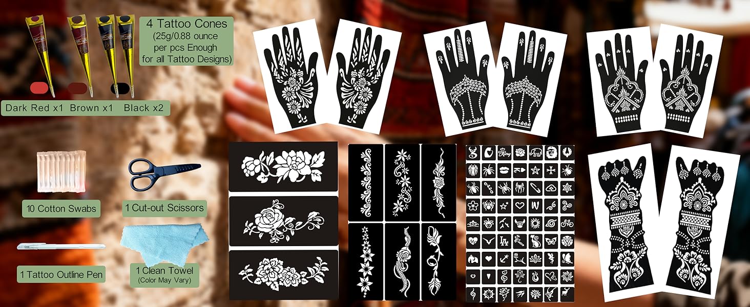 191 Pcs Temporary Tattoo Stencils Kit with 6 Tattoo Cones (2 Black, 2 Brown, 2 Dark Red), White Tattoo Outline Pen, Cotton Swabs & Towel| Perfect for Adults, Teens, Beginners, Family Fun & Parties