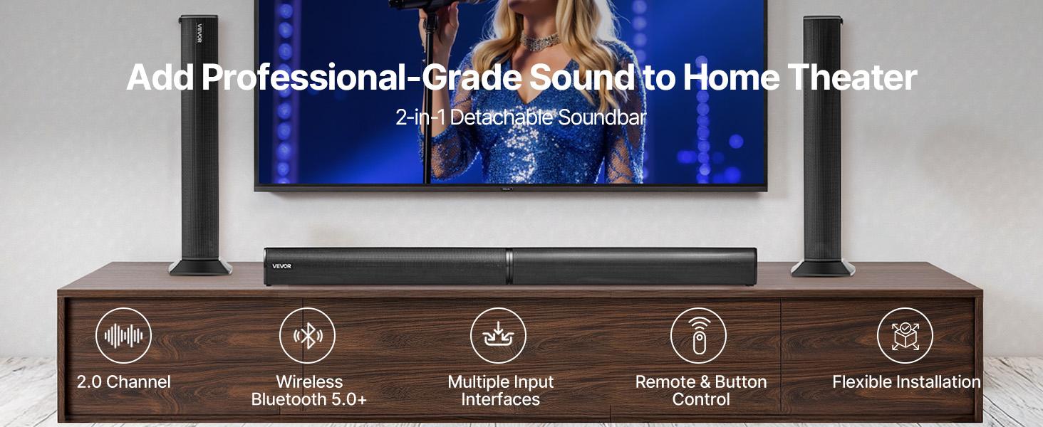 fathersdaygift  VEVOR Sound Bar for Smart TV, 2.0 Channel, 32-Inch 2 in 1 Detachable Soundbar TV Speakers, with Bluetooth HDMI AUX USB Connection, Remote Control, 80W Surround Sound System, for Home Theater Audio
