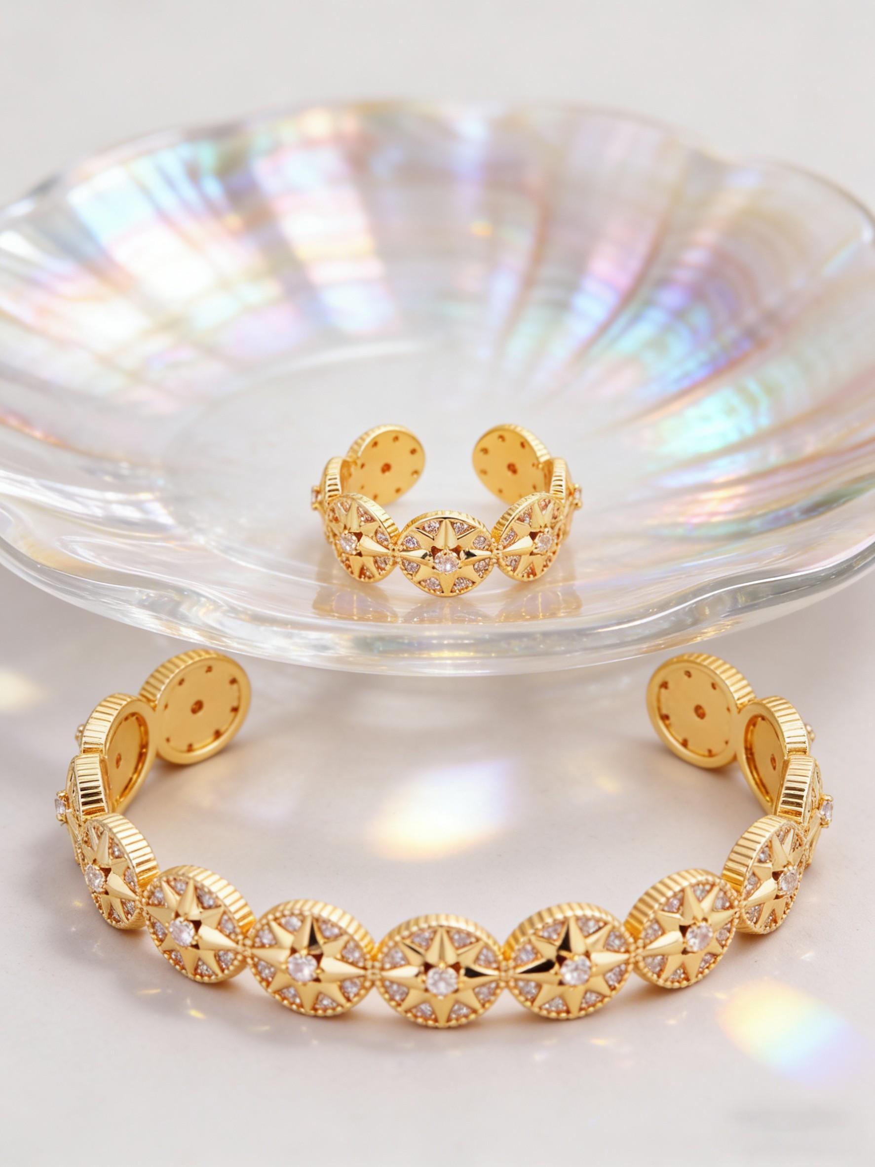 Bangle & Ring Set for Women, Luxury Starburst Cubic Zirconia Open Cuff Bracelet, Gold/Silver 2 Colors Optional, Elegant Jewelry for Office, Commute, Party & Prom