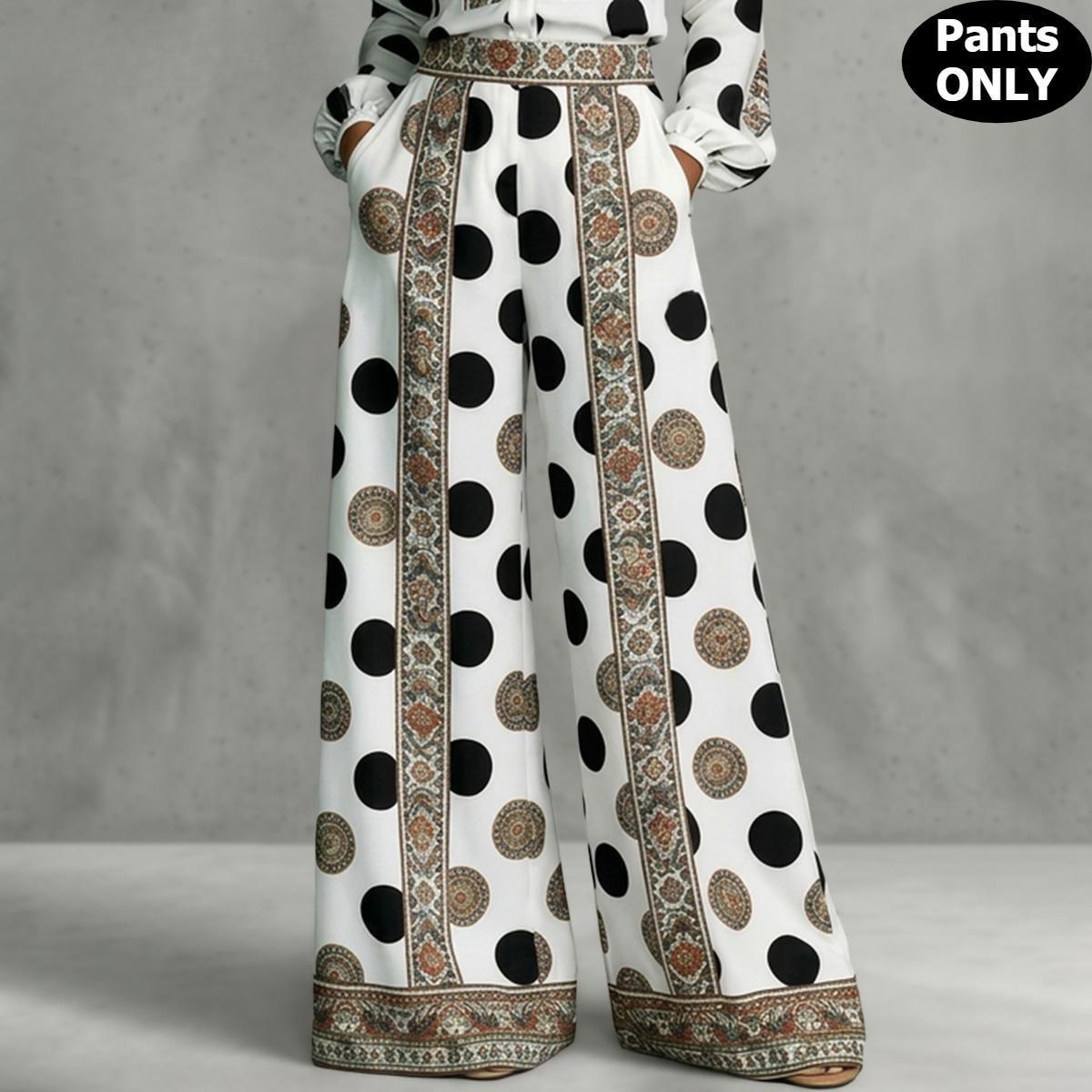Women's Dot Paisley Floor-Length Palazzo Pants - High Waist Silky Satin Loose Leg Trousers with Side Pockets, Hidden Zip, Elastic Back Waistband, Resort & Workwear Bottoms, Loose Legs,clothes for back to school,first day of school outfits