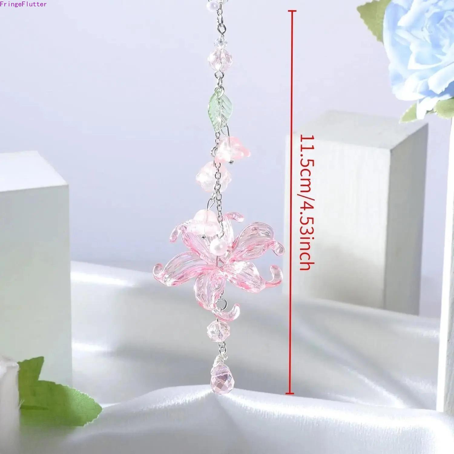 Handmade Lily of the Valley Crystal Suncatcher Car Hanging Boho Charm, Resin Beads Lotus Flower Rearview Mirror Ornament, Car Interior Accessories Unisex Gift for Drivers