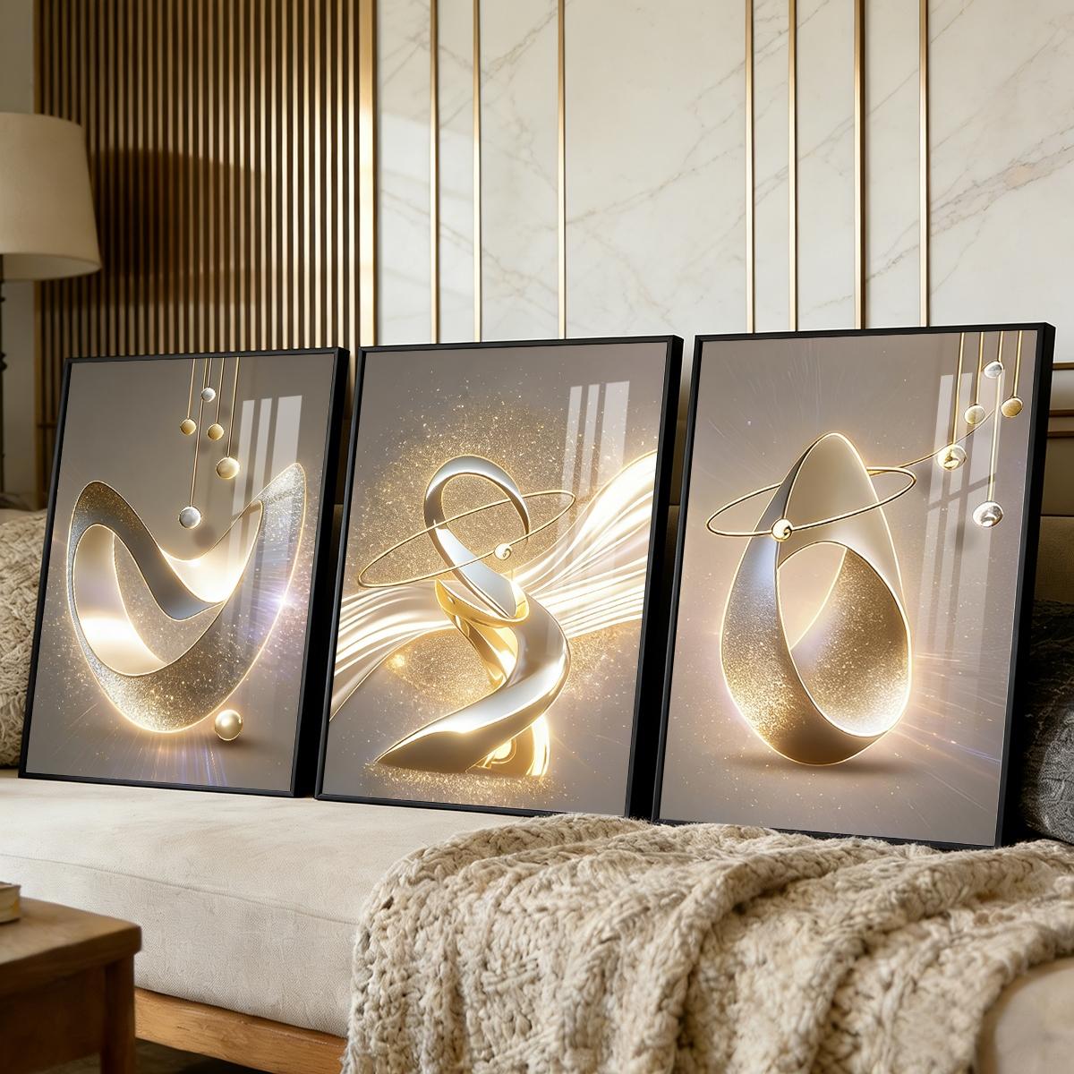 3 Counts Aluminum Alloy Framed Painting, Golden Abstract Sculpture Art Pictures, Home Decoration For Living Room, Bedroom, Office, Restaurant, Hallway Wall Decor, Odorless Print Artwork, Luxury Perfect Gift For Friends And Family