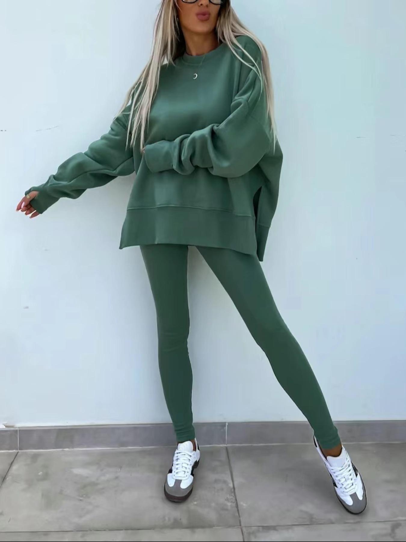 Women's Solid Drop Shoulder Split Hem Sporty Round Neck Sweatshirt & Pants Two-piece Set, Sweatsuit Matching Set, Casual Fashion Cozy Breathable Outfits for Daily Outdoor Wear, Ladies Sportswear for All Seasons