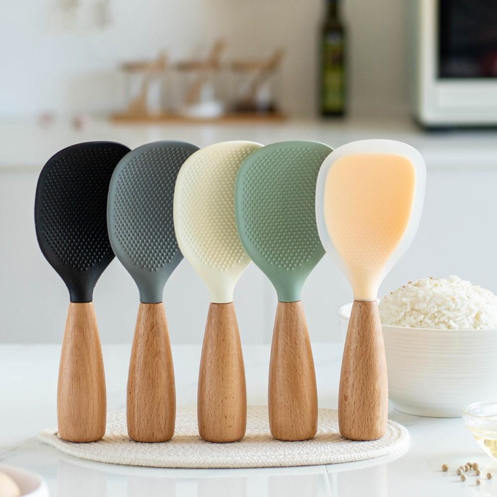 Silicone Rice Paddle with Wooden Handle, Non-Stick Heat Resistant Rice Scoop, BPA Free & Dishwasher Safe，Food-Grade Standing Silicone Rice Spoon, Non-Slip Heat Resistant, Stain-Free Rice Serving Spoon, Home Electric Rice Cooker Spoon