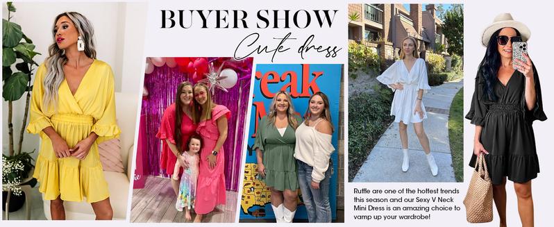 Wenrine Women‘s V Neck Casual Dresses Summer Loose High Waist Ruffle Pleated Cute Mini Short Dress