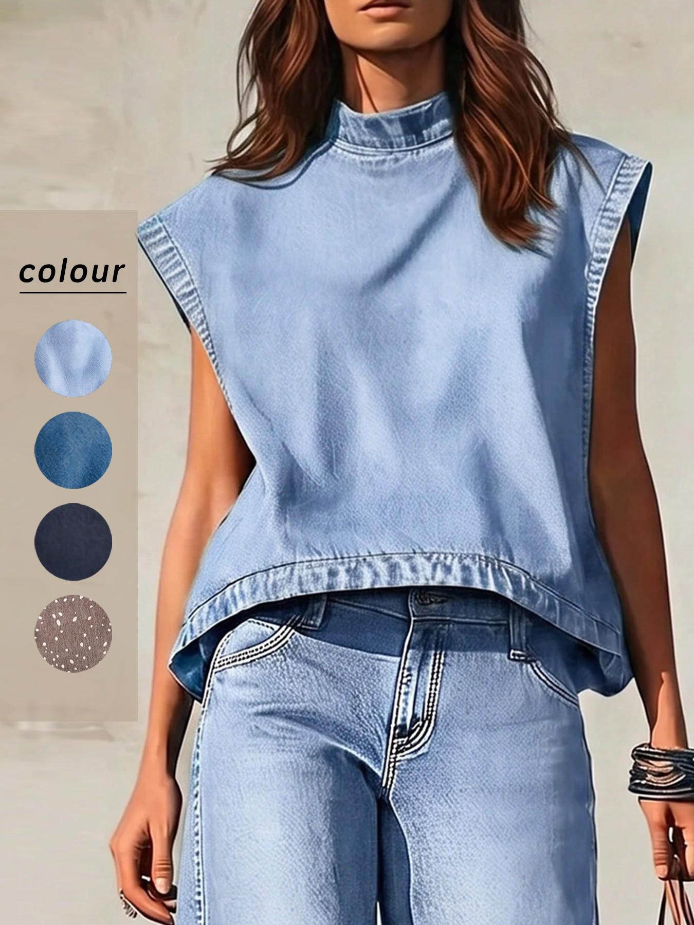 Women's Stand Collar Sleeveless Loose Fit Denim Top, Perfect for Summer Daily Wear, Casual Fashion Shirt