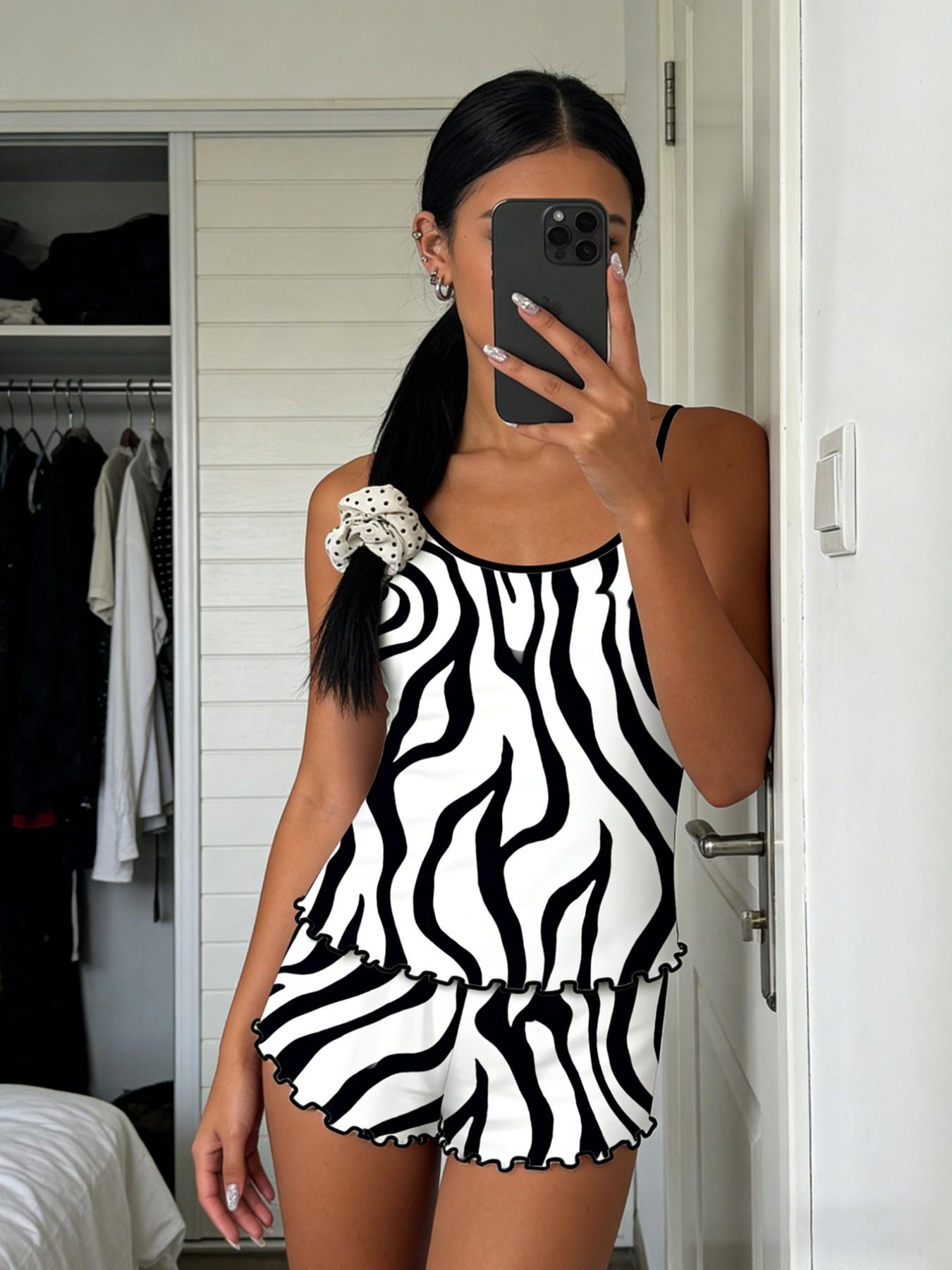 Zebra Pattern Pajama Set, Sleeveless Slim Fit Sleepwear, Breathable Above-The-Knee Design, Sexy Home Wear for All Seasons
