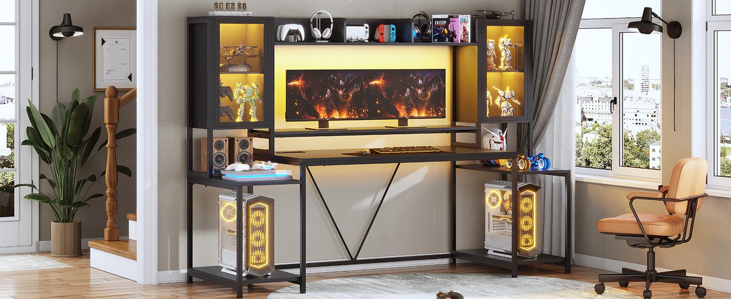 SEDETA 74.8-Inch Gaming Table with LED Lights and Storage Shelf, Computer Table with Monitor Stand Ergonomic gaming desk Gamer Desk standing desk