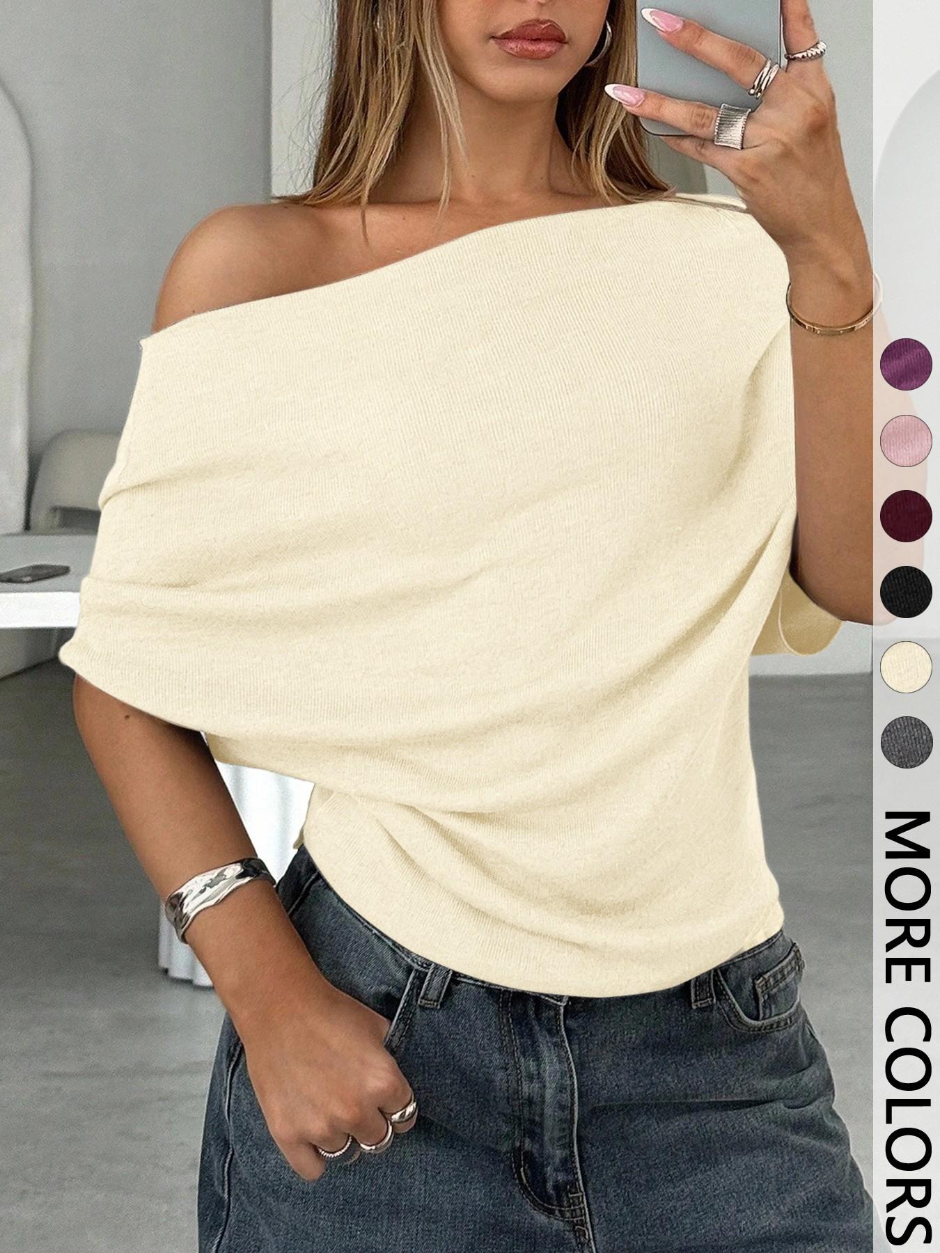 Women's Summer Autumn Plain Asymmetrical Shoulder Batwing Sleeve Knit T-Shirt, Loose Fit Drop Shoulder Short Sleeve Top