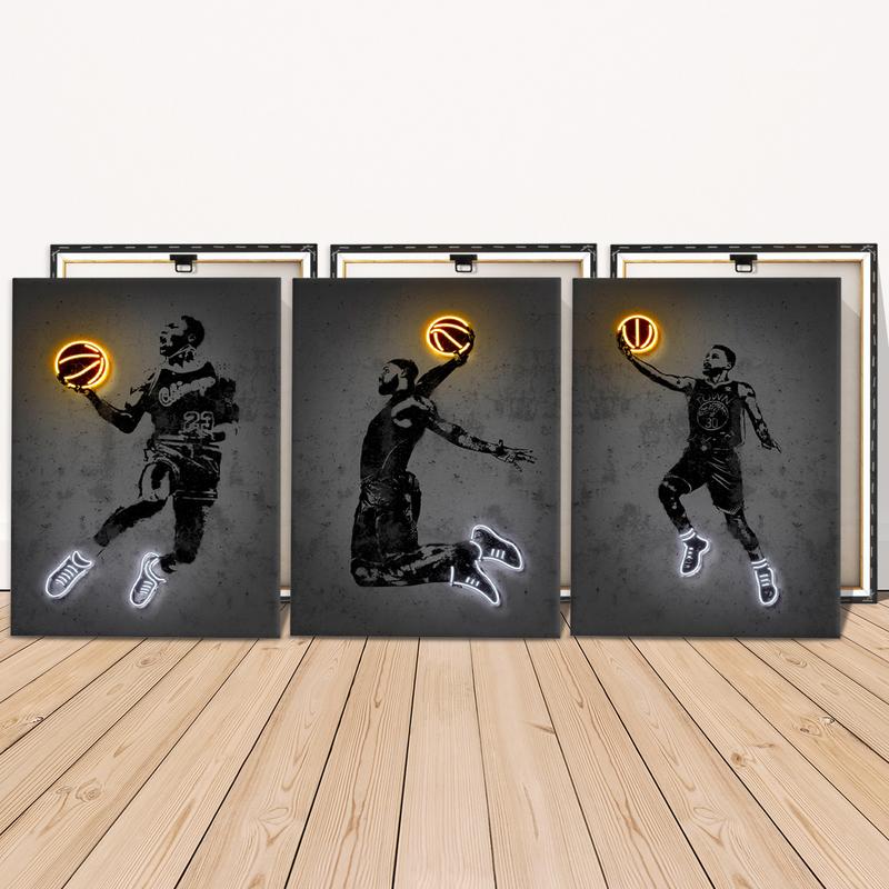 Basketball Player Pattern Canvas Painting with Frame, 3 Counts Basketball Fan Poster, Wall Art Decor for Home Living Room Bedroom Office, Modern Home Decor
