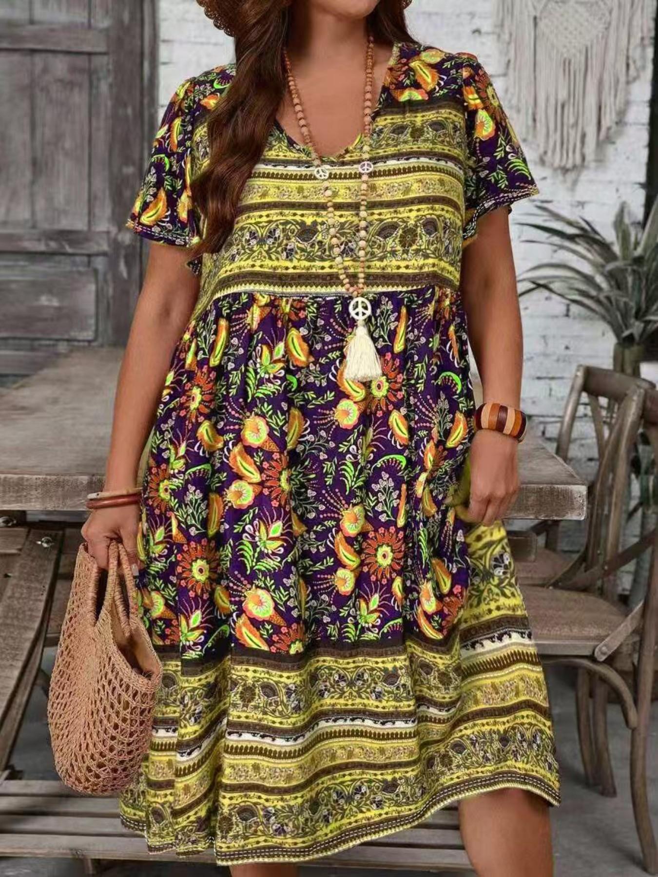 Plus Size Boho Paisley Floral Print Dress, Western Style Casual Vacation Dress, Comfortable and Stylish, Perfect for Relaxing Days, Boho Sundress