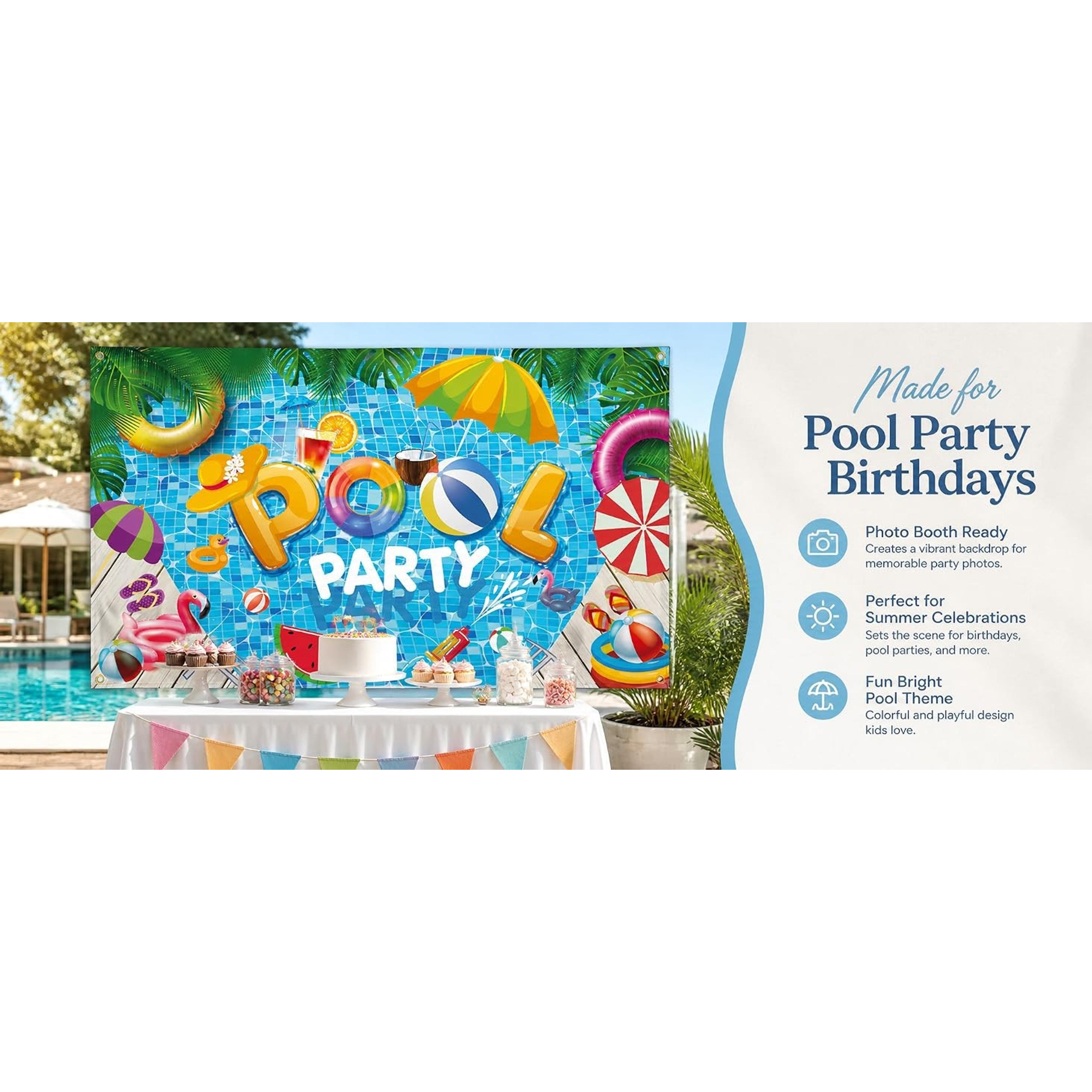 Summer Swimming Pool Party Photo Booth Backdrop Banner, 71 x 43 Inch Birthday Decoration