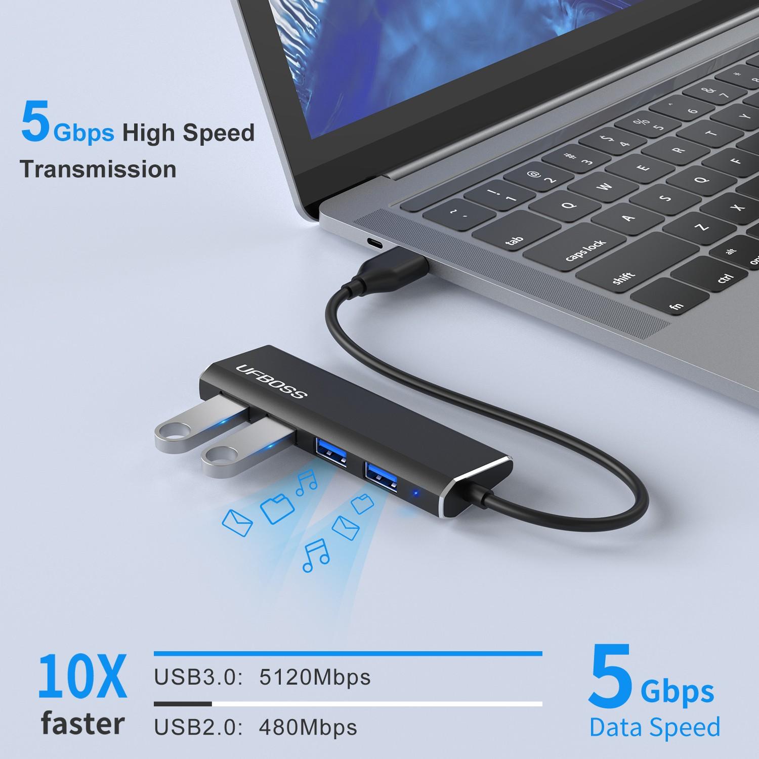4-Port USB 3.0 HUB 5gbps, Ultra-Thin Aluminum Expansion, Compatible with Macbook Pro/air/chromebook, Supports Windows/MAC/unix Systems