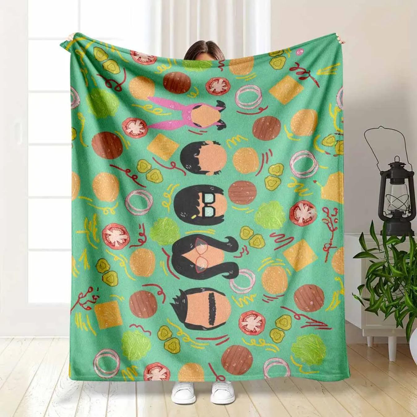 Burger Family Flannel Blanket Cartoon Food Print Soft Warm Lightweight Cozy Throw Blanket for Sofa Bed Couch Travel Camping Cute Home Decor Gift for Food Lovers Kids Birthday Christmas