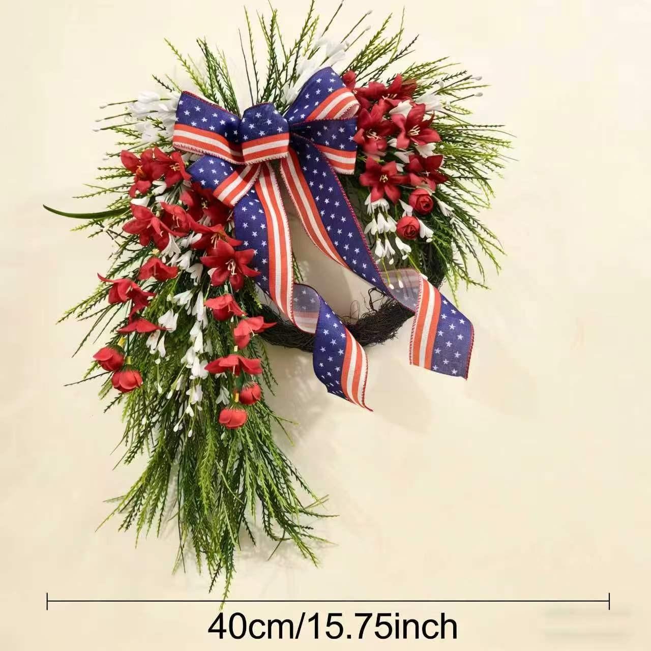 Elegant Patriotic Water Drop Wreath, Floral Accents, Star Spangled Bow, Memorial Day & Veterans Day Door Decor