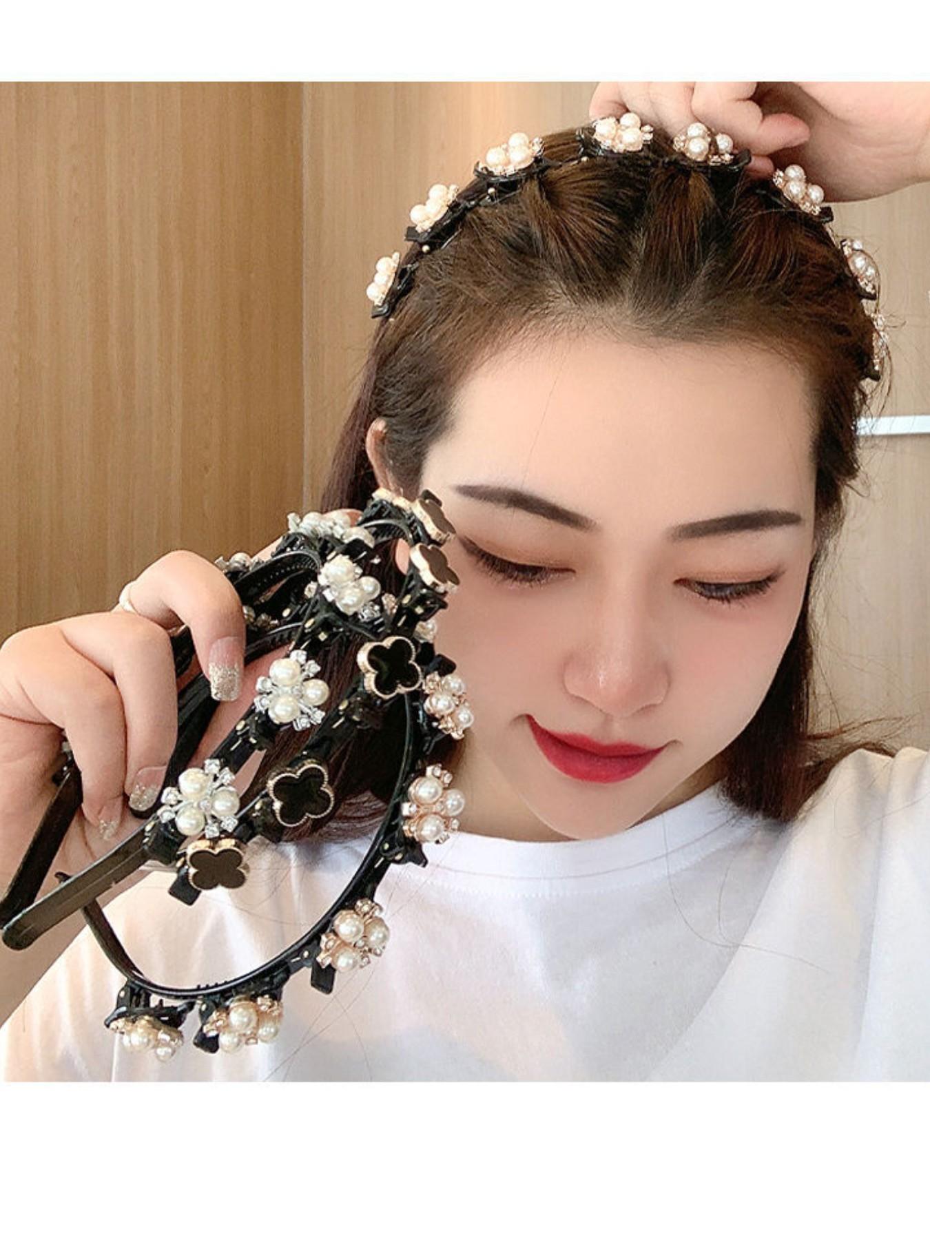 2pcs Women Floral Hair Accessories Set, Four Leaf Clover Casual Geometric Design Headbands & Clips, Perfect for Weddings Parties Daily Wear