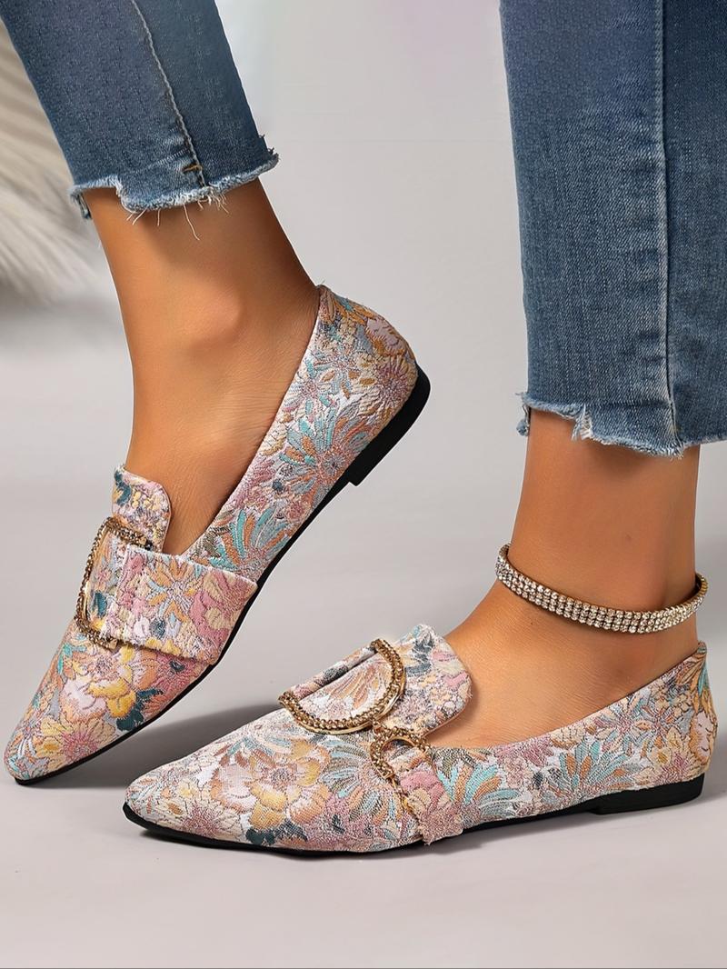 Women's New Floral Embroidered Flat Shoes, Rhinestone Decor, Pointed Toe, Low Heel, Comfortable, Anti-Slip, Durable, Casual All-Season Footwear, Flats Shoes