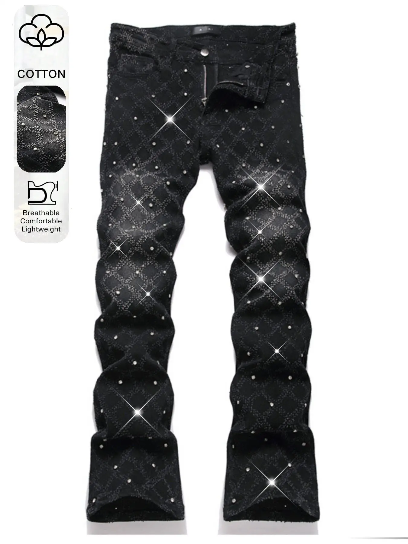 Men's Elastic Hip Hop Punk Flare Jeans with Pockets and Rhinestone Decor, Skate Rap Dance Streetwear, Fashion Casual Fit, Flared Leg Design, Flare Pants Jeans, Fashion Jean Bottoms