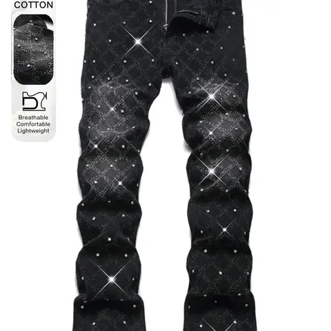 Men's Elastic Hip Hop Punk Flare Jeans with Pockets and Rhinestone Decor, Skate Rap Dance Streetwear, Fashion Casual Fit, Flared Leg Design, Flare Pants Jeans, Fashion Jean Bottoms