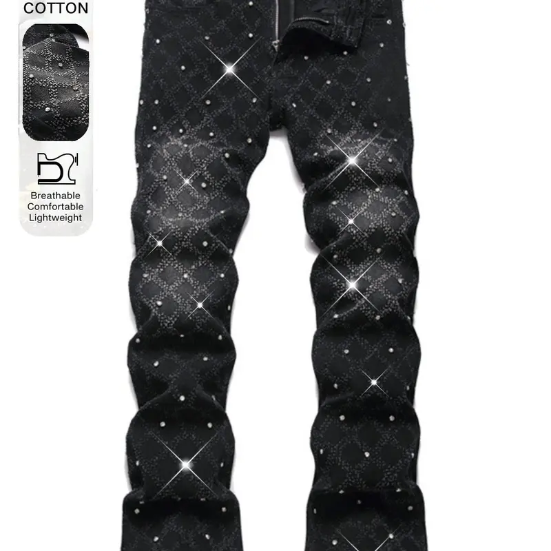 Men's Elastic Hip Hop Punk Flare Jeans with Pockets and Rhinestone Decor, Skate Rap Dance Streetwear, Fashion Casual Fit, Flared Leg Design, Flare Pants Jeans, Fashion Jean Bottoms