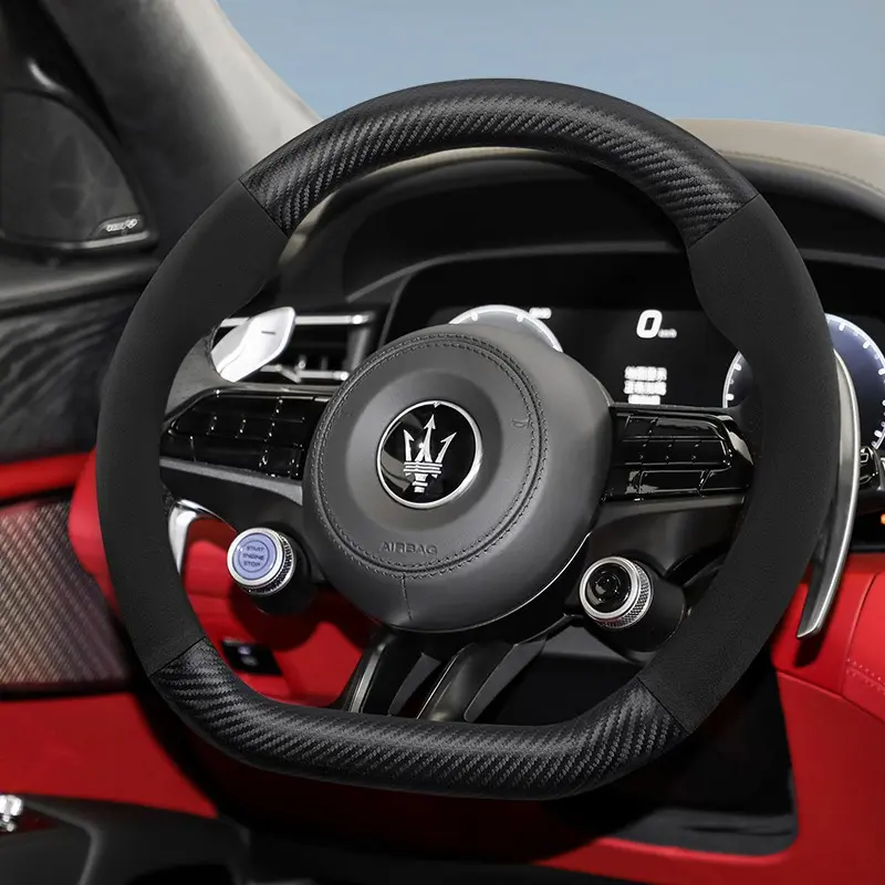 For Maserati Carbon Fiber Texture Leather Suede Steering Wheel Cover Accessories Ultra-thin anti-slip Breathable Protective Cover For Ghibli/Levante/Quattroporte/Grecale/GranTurismo/GranCabrio/MC20/MCPura Black Wine Red Brown Mocha brown