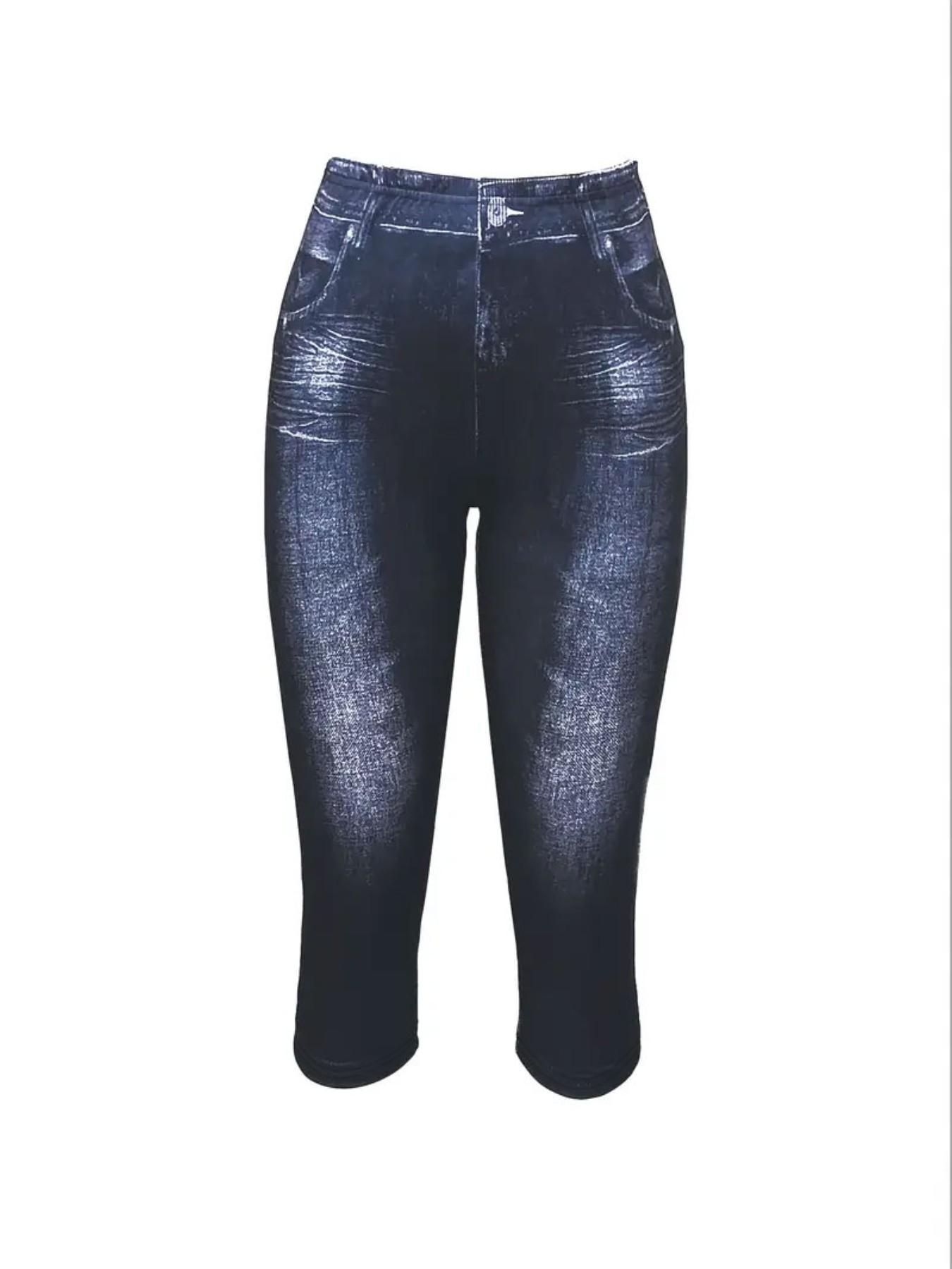 Women's Printed Skinny Pants Non-Denim Fabric, Ladies Seven-Inch Print Jeans-Like Bottoms, All Seasons Fashion