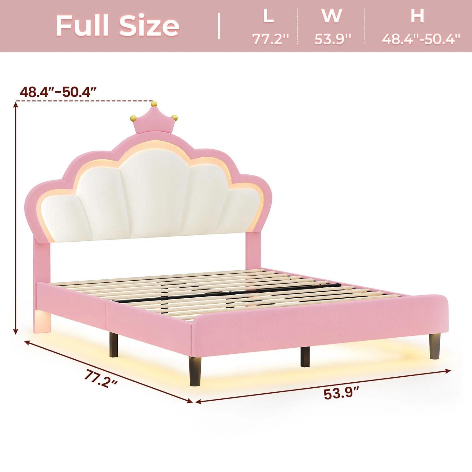 Girls Full Bed Frame with Princess Crown and LED Velvet Upholstered Platform Pink