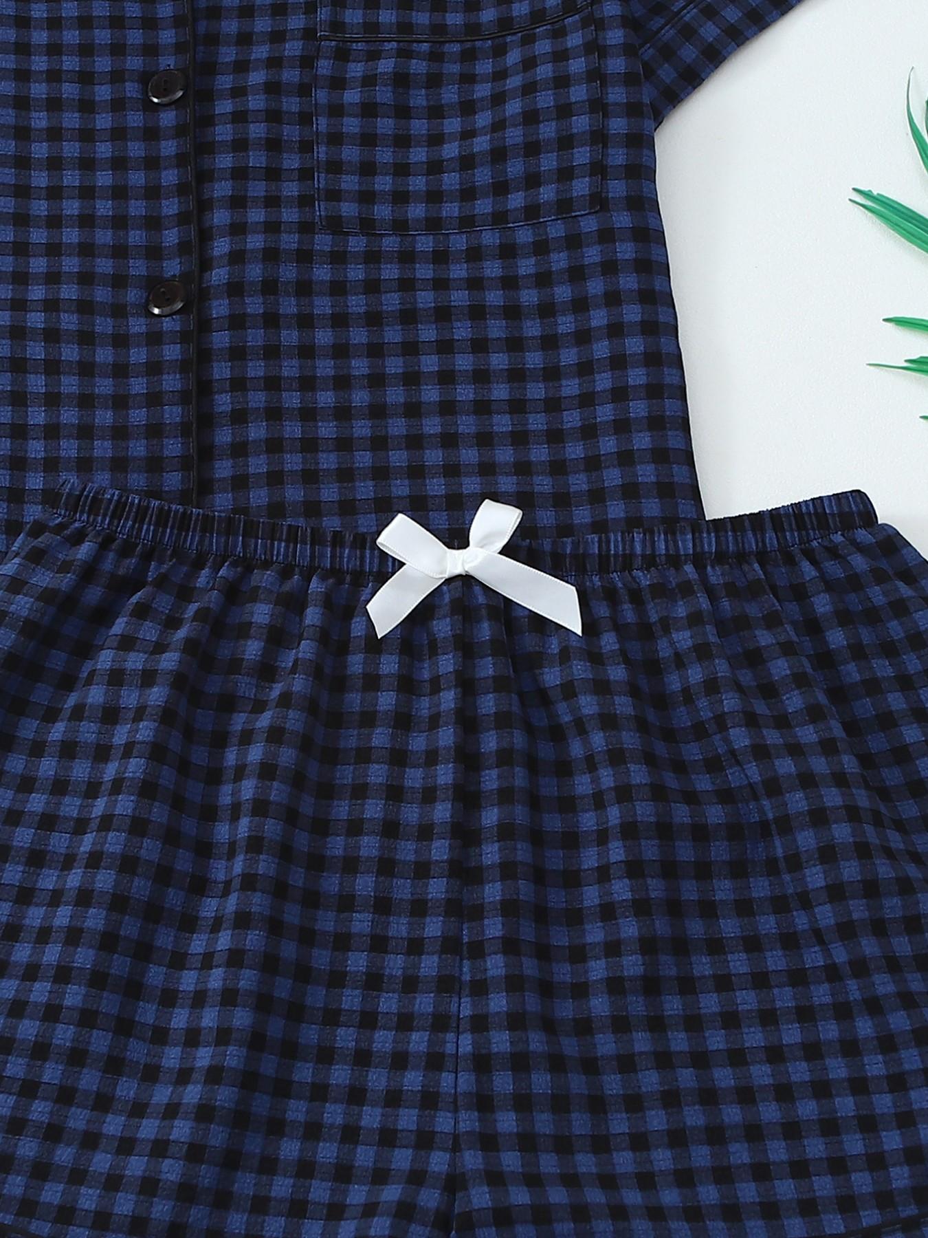 Women's Short Sleeve Button Down Top and Shorts Pajama Set, Spring Summer Wear, For Retro British Style Girls, Blue Black Gingham Print, Classic Lapel Collar, Loose Fit, Comfortable For Home & Short Trips