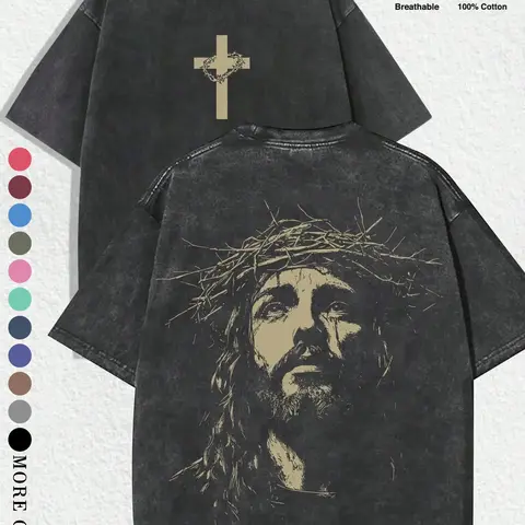 Unisex Vintage Street Style Jesus Crown Graphic Print Cotton T-Shirt, Fitted Short Sleeve, Y2K Gothic Fashion, Perfect for Couples, Streetwear